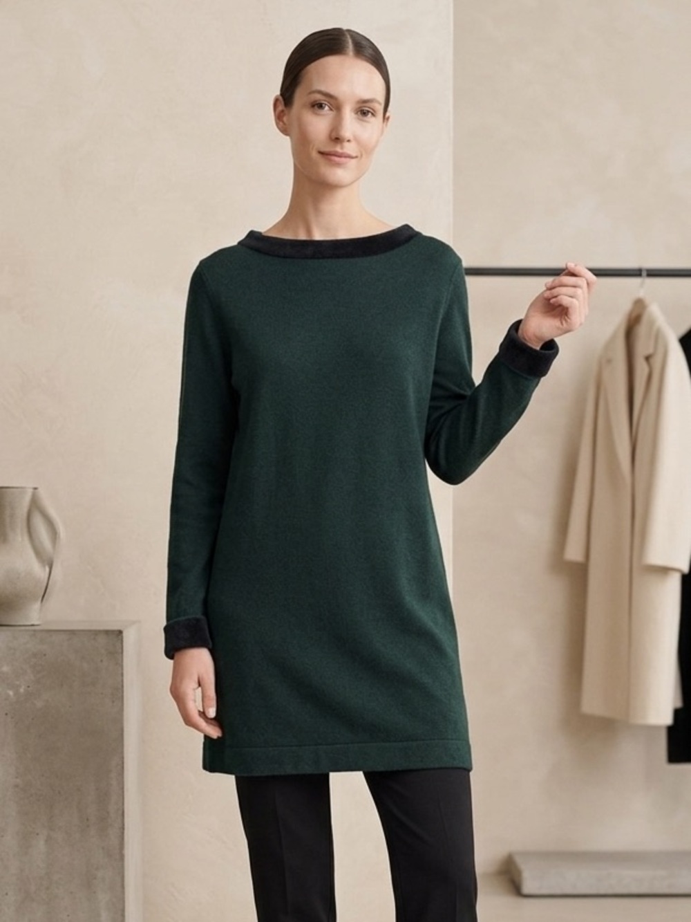 COS 100% Merino Wool Tunic Sweater Dark Green Women Large Quiet Luxury Fall